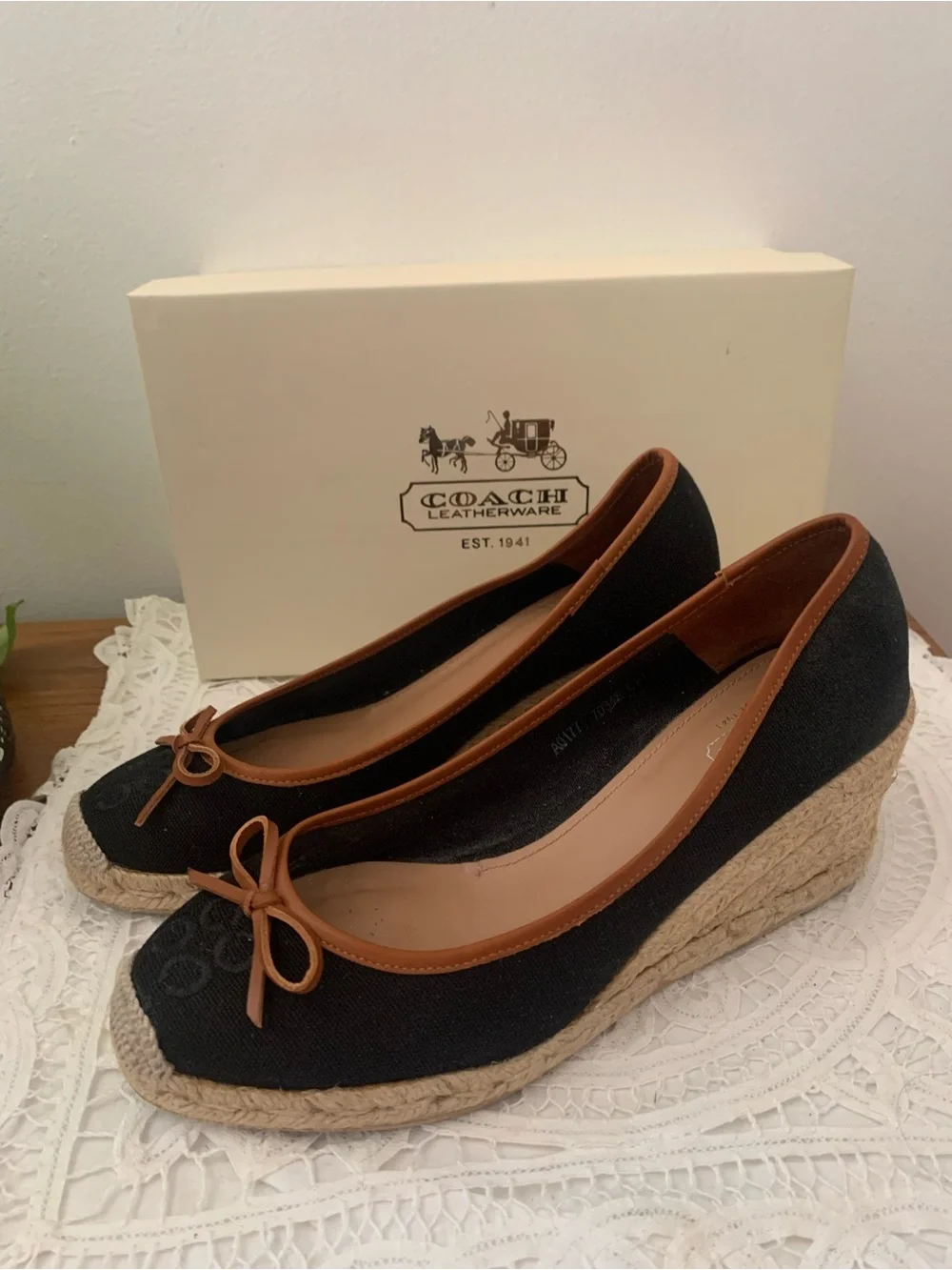 Coach Ireena Black Espadrille Wedges Trimmed in Cognac Leather 10